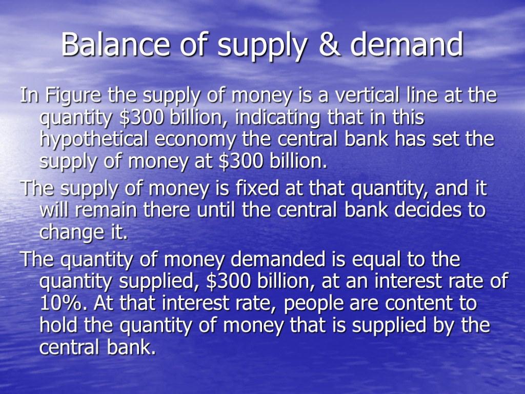 Balance of supply & demand In Figure the supply of money is a vertical